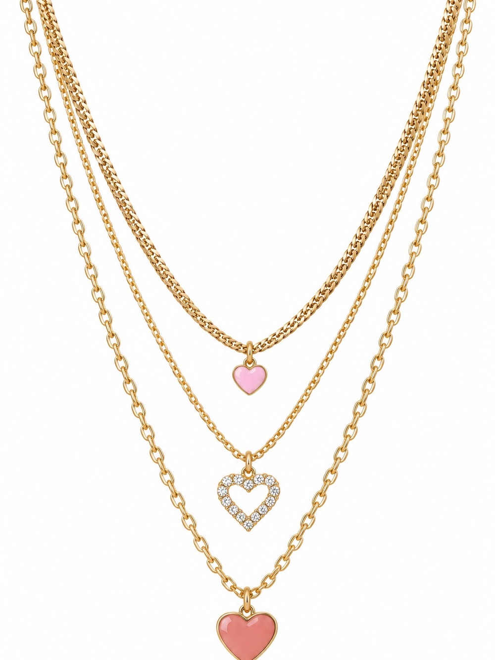 Guess Gold Layered Necklace Set with Pink Hearts